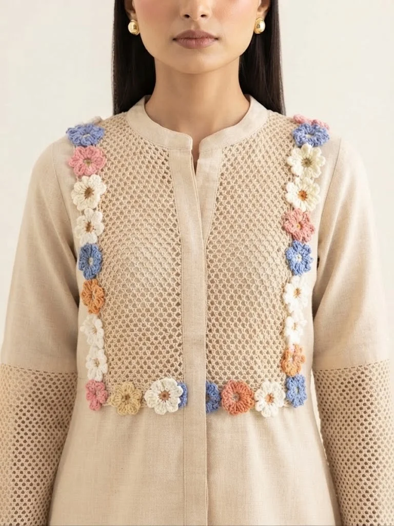 Viny VINY Beige Crochet Applique Mandarin Collar Kurta & Pant Set – Women's Indian Ethnic Wear