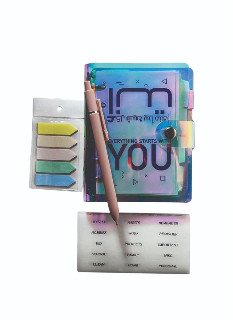 All-in-One A7 Pocket Notebook Binder – Refillable 6-Ring PVC Cover with 120 Blank Pages, Pen with Massage Ball, Ruler, Dividers, Stickers & Tabs – Ideal for Journaling, Planning & Travel
