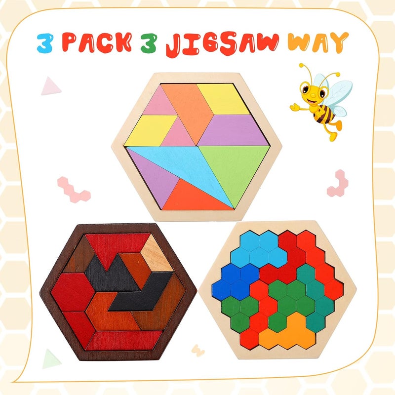 Jerify 3 Pack Wooden Hexagon Tangram Puzzle Challenge Wooden Brain Teasers Hexagonal Geometric Shape Pattern Wood Block Puzzle Toy for Different Age People Logic Mind Game Gifts - Image 2