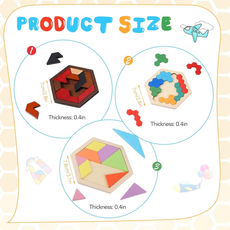 Jerify 3 Pack Wooden Hexagon Tangram Puzzle Challenge Wooden Brain Teasers Hexagonal Geometric Shape Pattern Wood Block Puzzle Toy for Different Age People Logic Mind Game Gifts - Image 4