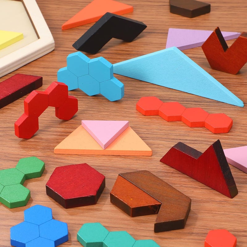Jerify 3 Pack Wooden Hexagon Tangram Puzzle Challenge Wooden Brain Teasers Hexagonal Geometric Shape Pattern Wood Block Puzzle Toy for Different Age People Logic Mind Game Gifts - Image 5