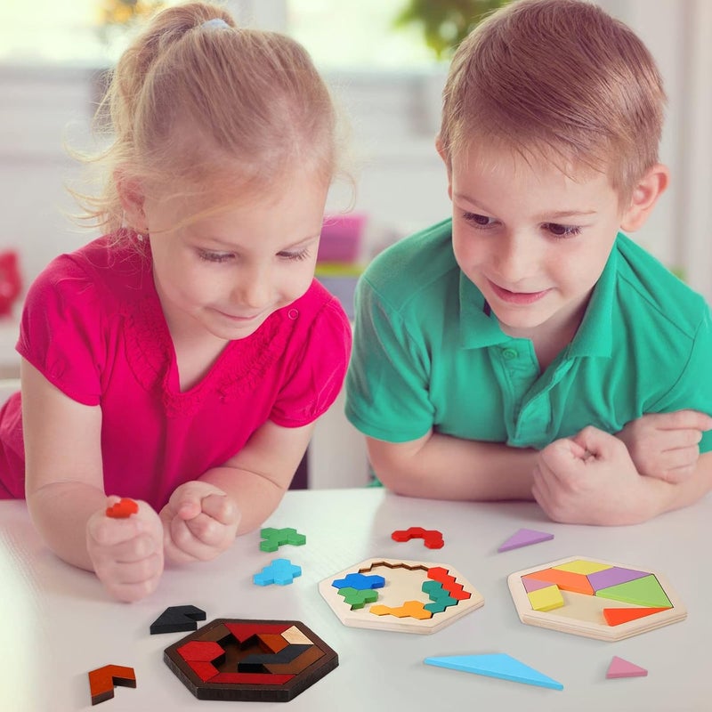 Jerify 3 Pack Wooden Hexagon Tangram Puzzle Challenge Wooden Brain Teasers Hexagonal Geometric Shape Pattern Wood Block Puzzle Toy for Different Age People Logic Mind Game Gifts - Image 3