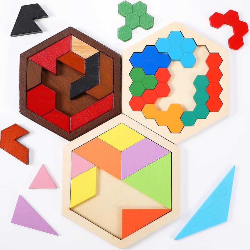Jerify 3 Pack Wooden Hexagon Tangram Puzzle Challenge Wooden Brain Teasers Hexagonal Geometric Shape Pattern Wood Block Puzzle Toy for Different Age People Logic Mind Game Gifts - Image 1