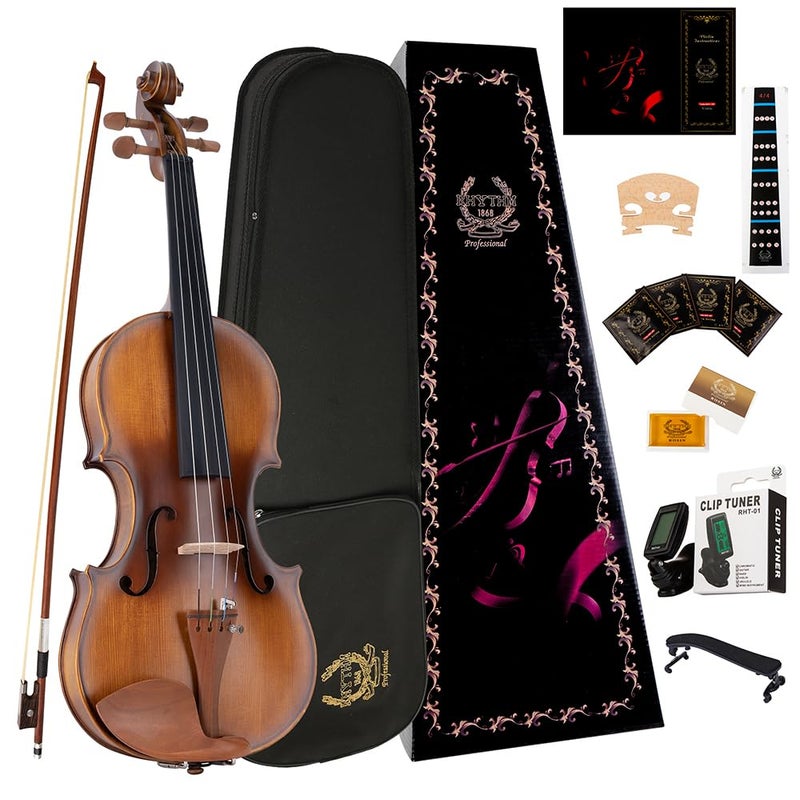 Rhythm Violin Set for Beginners,Acoustic Violins Starter Kit Package for Student,Beginners Fiddle with Hard Case, Rosin, Shoulder Rest, Bow, and Extra Strings (MATTE, Full) - Image 1