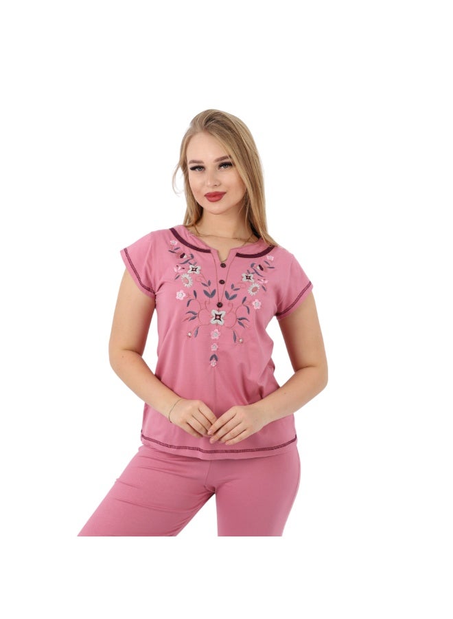 zecotex  Traditional Embroidered Cotton Pajama Set - 2-Piece Lounge Wear - 100% Pure Natural Cotton - Breathable Short Sleeve Sleepwear - Image 3