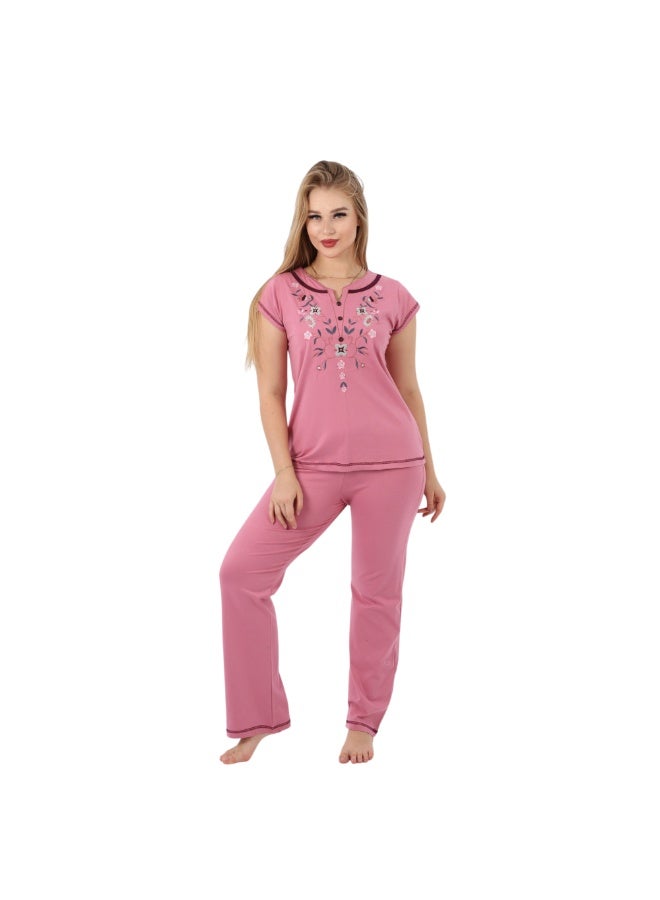zecotex  Traditional Embroidered Cotton Pajama Set - 2-Piece Lounge Wear - 100% Pure Natural Cotton - Breathable Short Sleeve Sleepwear - Image 1