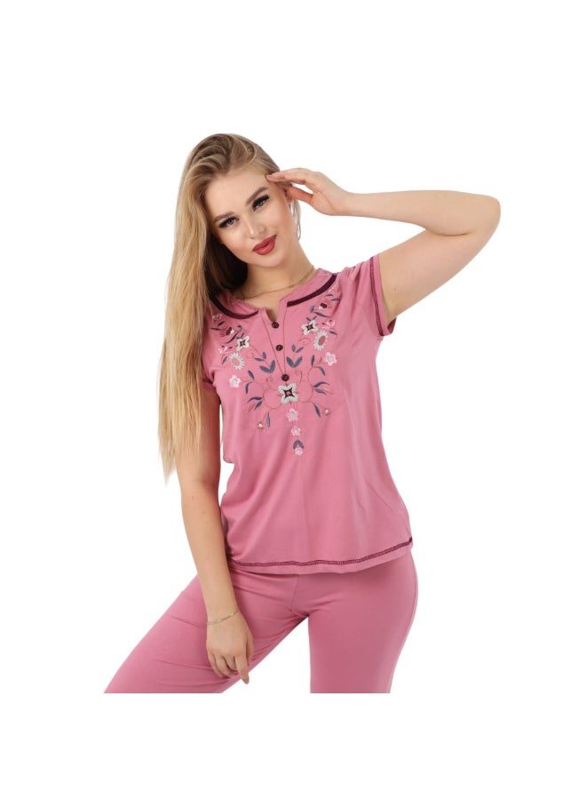 zecotex  Traditional Embroidered Cotton Pajama Set - 2-Piece Lounge Wear - 100% Pure Natural Cotton - Breathable Short Sleeve Sleepwear - Image 4