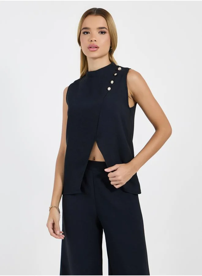 Styli Sleeveless Asymmetric Hem Top & Wide Leg Pants Co-Ords