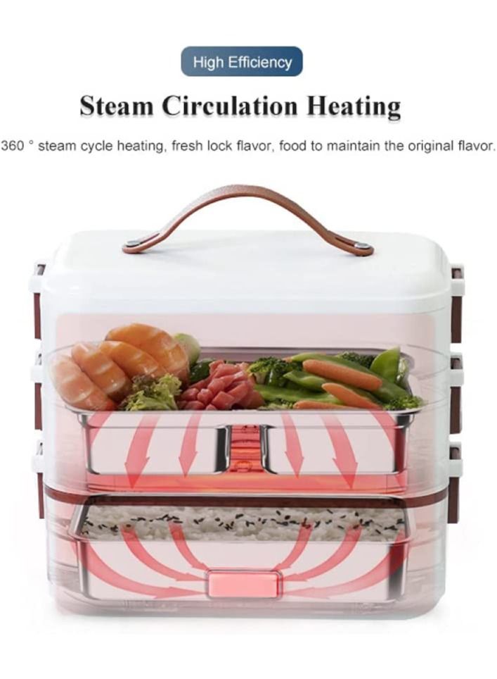 MIXDE Electric Heating Lunch Box, Self Cooking Mini Rice Cooker, 2 Tier Steamer Lunch Box for Home Office School Travel Cooking Raw Food - Image 3