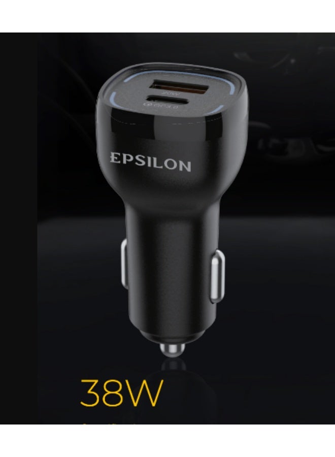 Epsilon Epsilon Car Charger- 38W Max PD and QC 3.0 Dual Port, Power Delivery, Quick Charge/ with Blue LED Indicator, 12V-32V Input, Compact and Durable/EPSCC243 | Black - Image 1