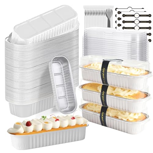 OBXMLFY Mini Loaf Pans With Lids And Spoons 100 Pack,6.8 Oz Rectangle Mini Individual Cake Tins, Disposable Small Aluminum Foil Baking Pans, Baking Containers for Party and Picnics (White) - Image 1