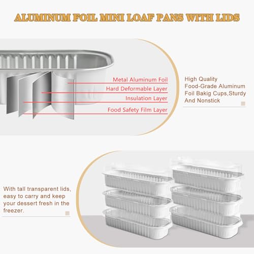 OBXMLFY Mini Loaf Pans With Lids And Spoons 100 Pack,6.8 Oz Rectangle Mini Individual Cake Tins, Disposable Small Aluminum Foil Baking Pans, Baking Containers for Party and Picnics (White) - Image 3