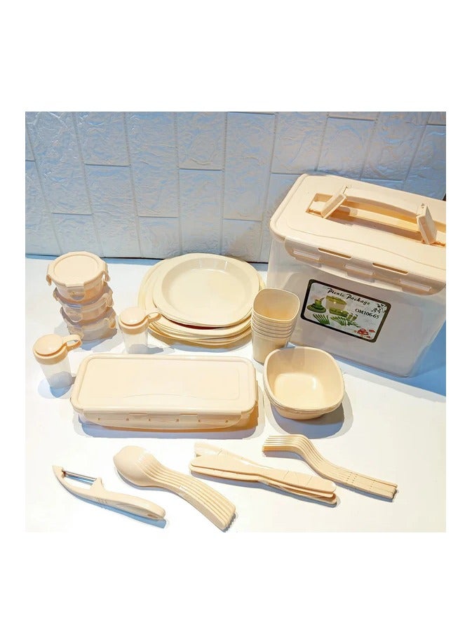 BlueFire Portable Modern Fruit Pattern Plastic Tableware Set – Complete Dinnerware Kit with Bowl, Plate, Cup, Knife, Fork & Spoon – Lightweight & Durable PP Material – Eco-Friendly, Reusable & Disposable, Ideal for Camping, Picnic, Outdoor BBQ, Travel & Everyday Use with Convenient Carry Bag