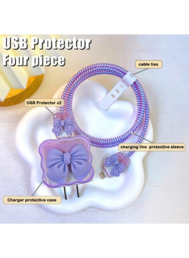 دارك هورس واقي كابل الهاتف بتصميم كاواي لشاحن آيفون USB-C بقوة 18/20 واط، مزين بفيونكة ثلاثية الأبعاد، غطاء حماية شفاف وناعم لكابل البيانات، حافظ كابل لطيف لشاحن آيفون - Image 4