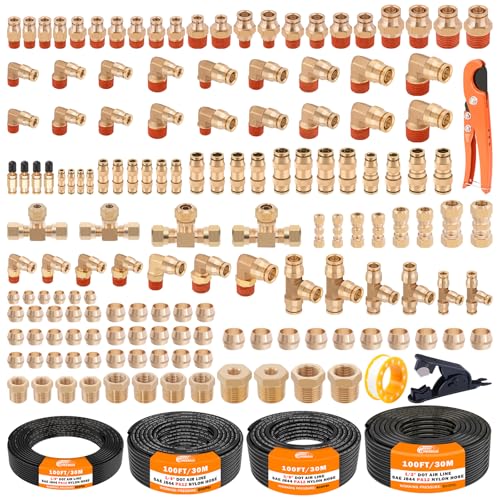 CheeMuii 156 PCS Brass DOT Air Line Fittings with 4 Roll 100FT 1/8" 1/4" 3/8" 1/2" DOT Air Lines Kit Push Lock Air Fitting Quick Connect Air Fittings with Air Hose Pneumatic Tubing - Image 1