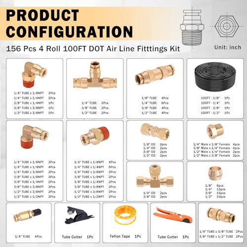 CheeMuii 156 PCS Brass DOT Air Line Fittings with 4 Roll 100FT 1/8" 1/4" 3/8" 1/2" DOT Air Lines Kit Push Lock Air Fitting Quick Connect Air Fittings with Air Hose Pneumatic Tubing - Image 2