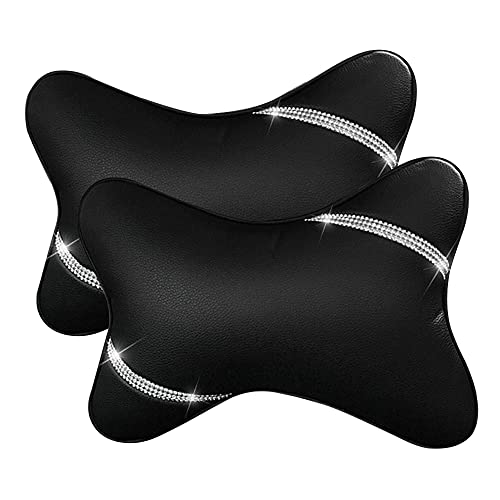 VVHOOY Car Neck Pillows Diamond Seat Auto Headrest Cushion Head Rest Neck 2 Pack Headrest Fit for Most Cars Universal Car Pillow Support Relax Crystal Rhinestone Pu Leather Bling InteriorBlack