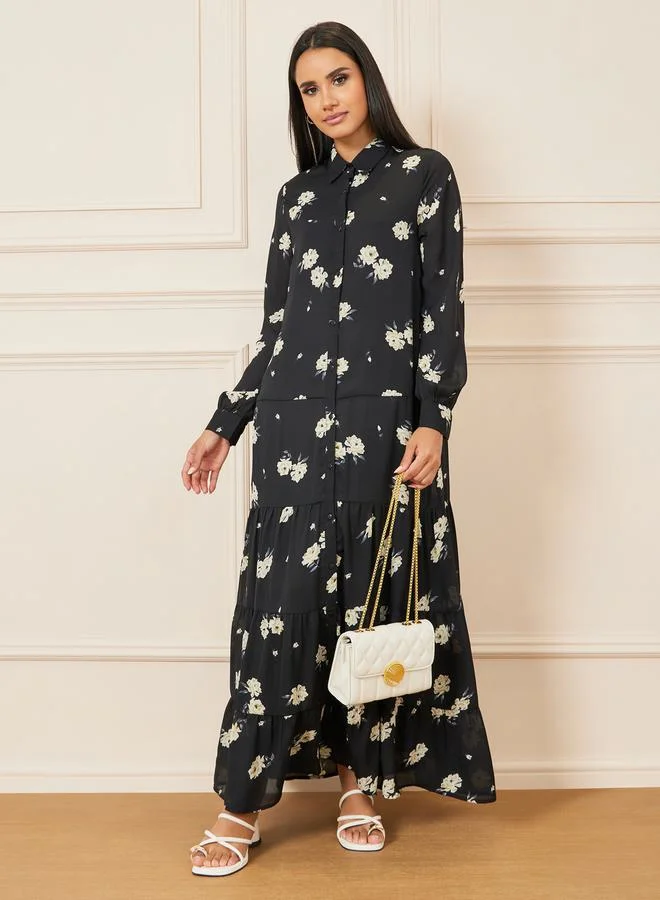 Styli Floral Print Collared Tiered Shirt Maxi Dress