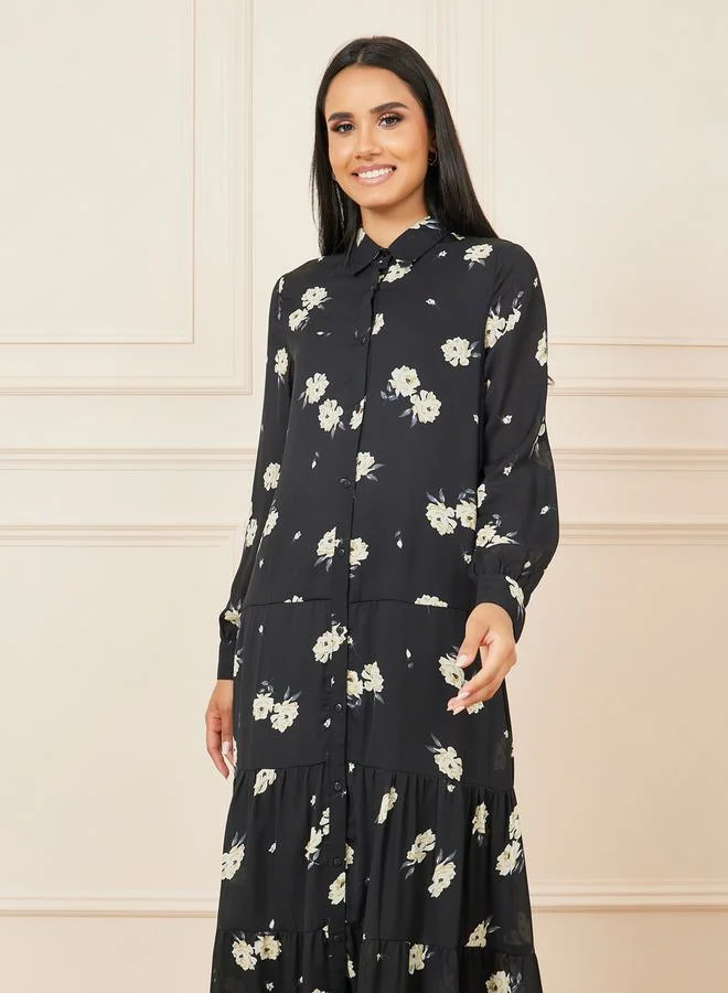 Styli Floral Print Collared Tiered Shirt Maxi Dress