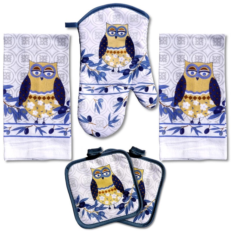 Lobyn Value Packs Whimsical Blue Owl 5 Piece Kitchen Towel Set includes 2 Decorative Dish Towels 1 Oven Mitt 2 Potholders for Enchanting Style