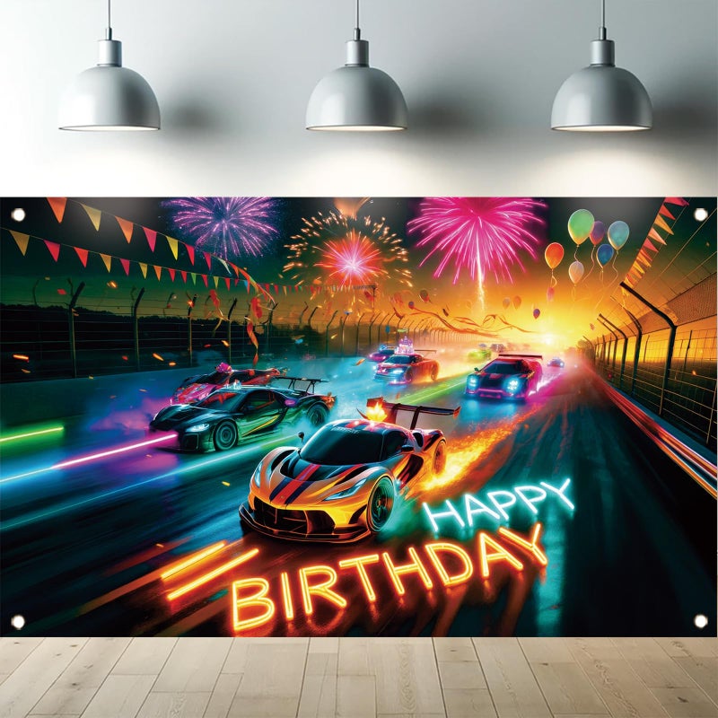 Saoplasa Race Car Racing Happy Birthday Backdrop Banner Neon Cars Photography Background Racing Party Decorations Photo Booth Supplies 71x43 Inch - Image 1