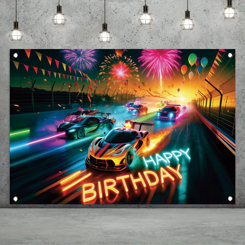 Saoplasa Race Car Racing Happy Birthday Backdrop Banner Neon Cars Photography Background Racing Party Decorations Photo Booth Supplies 71x43 Inch - Image 2
