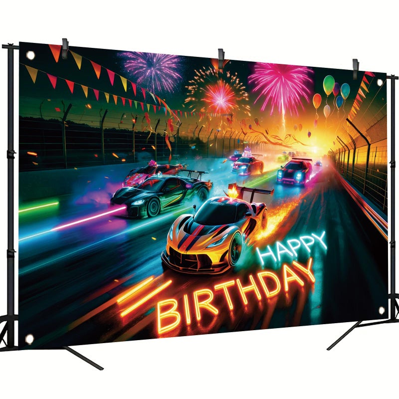 Saoplasa Race Car Racing Happy Birthday Backdrop Banner Neon Cars Photography Background Racing Party Decorations Photo Booth Supplies 71x43 Inch - Image 3