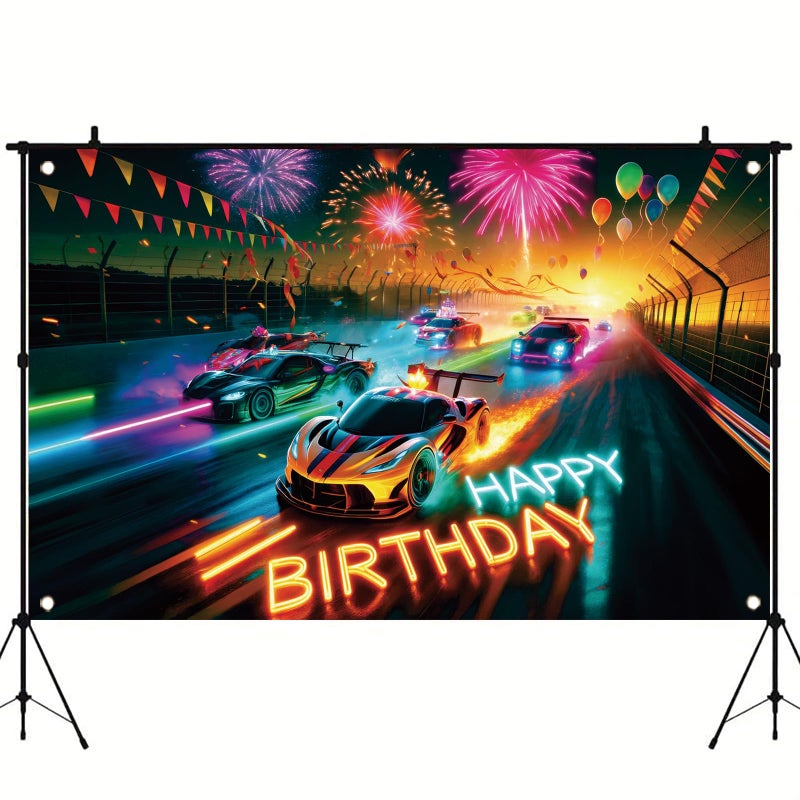 Saoplasa Race Car Racing Happy Birthday Backdrop Banner Neon Cars Photography Background Racing Party Decorations Photo Booth Supplies 71x43 Inch - Image 4
