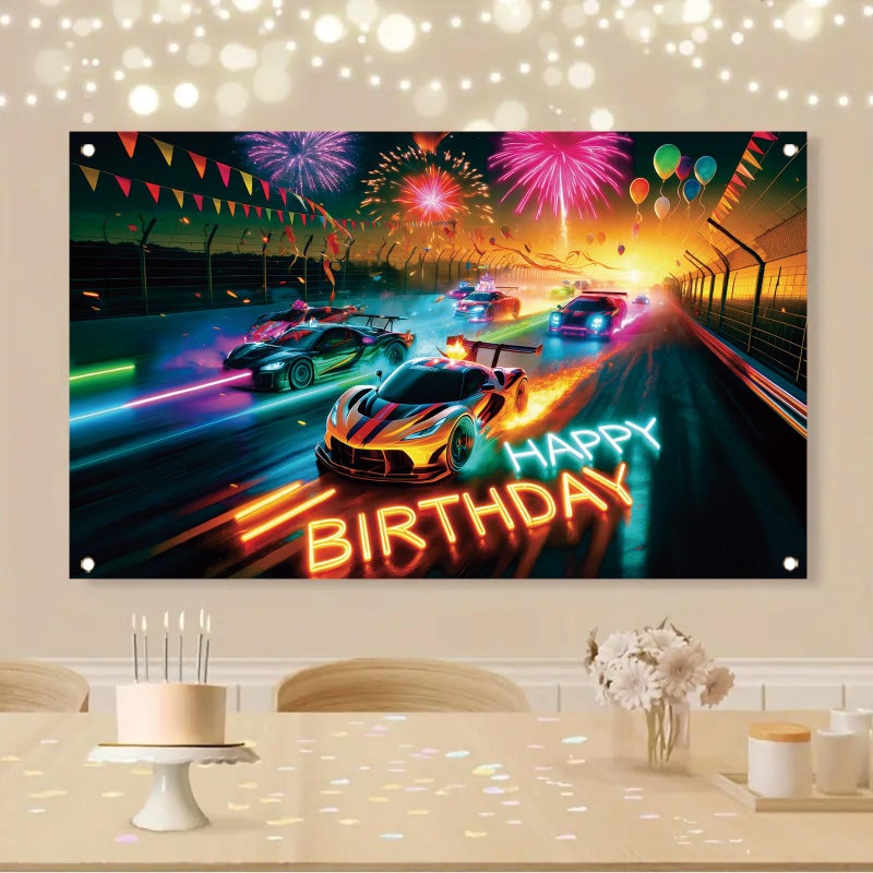 Saoplasa Race Car Racing Happy Birthday Backdrop Banner Neon Cars Photography Background Racing Party Decorations Photo Booth Supplies 71x43 Inch - Image 5