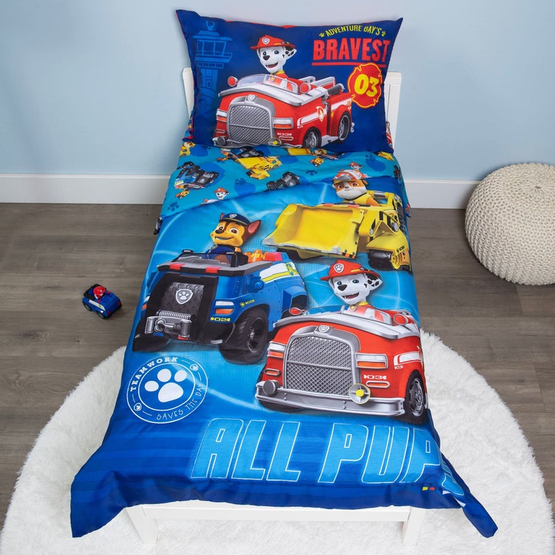 Paw Patrol Calling All Pups 4 Piece Toddler Bedding Set â€“ Includes Comforter, Sheet Set â€“ Fitted + Top Sheet + Reversible Pillowcase for Boys Bed, Blue - Image 1