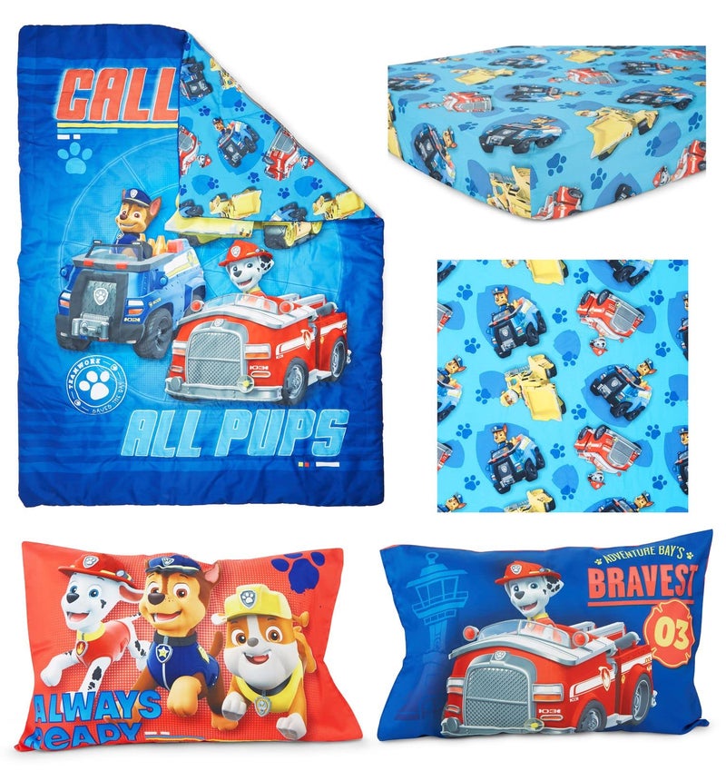 Paw Patrol Calling All Pups 4 Piece Toddler Bedding Set â€“ Includes Comforter, Sheet Set â€“ Fitted + Top Sheet + Reversible Pillowcase for Boys Bed, Blue - Image 3