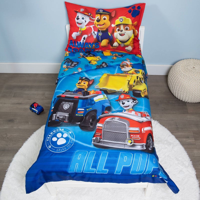 Paw Patrol Calling All Pups 4 Piece Toddler Bedding Set â€“ Includes Comforter, Sheet Set â€“ Fitted + Top Sheet + Reversible Pillowcase for Boys Bed, Blue - Image 2