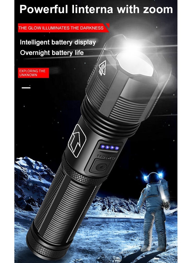 Joudiplay A high-brightness rechargeable flashlight with power display, it can also be used as a power bank. It features an XHP50 LED chip for ultra-strong illumination. It's only 150g, making it easy to carry. It's telescoping and can be charged either with batteries or a USB cable. - Image 1