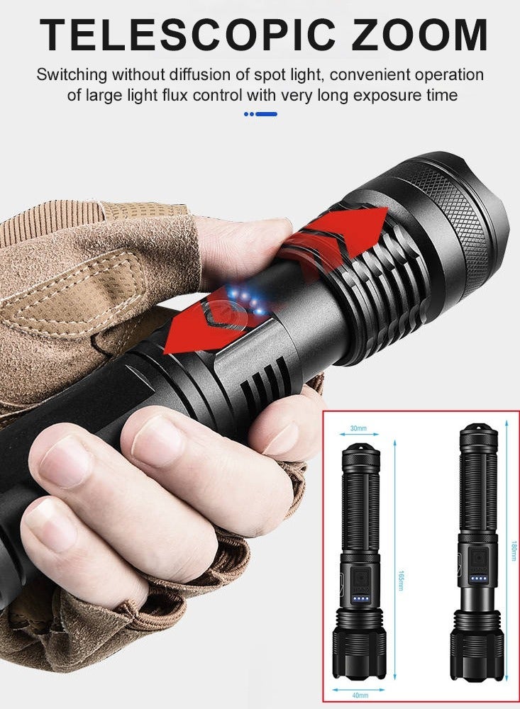 Joudiplay A high-brightness rechargeable flashlight with power display, it can also be used as a power bank. It features an XHP50 LED chip for ultra-strong illumination. It's only 150g, making it easy to carry. It's telescoping and can be charged either with batteries or a USB cable. - Image 5