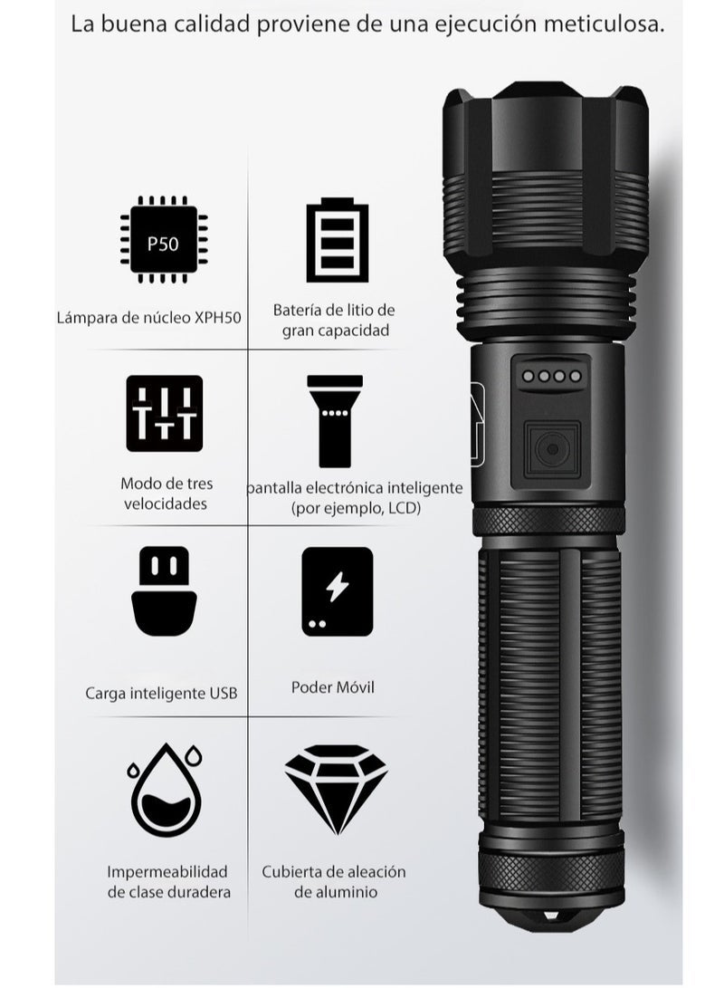 Joudiplay A high-brightness rechargeable flashlight with power display, it can also be used as a power bank. It features an XHP50 LED chip for ultra-strong illumination. It's only 150g, making it easy to carry. It's telescoping and can be charged either with batteries or a USB cable. - Image 4