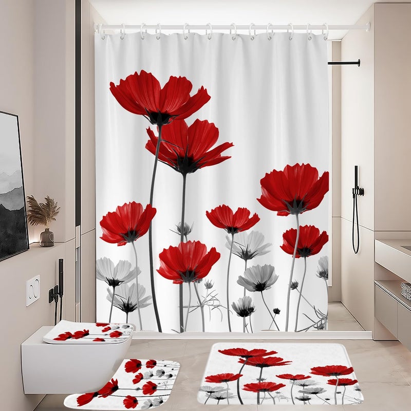 Coxila Red Floral Shower Curtain Sets Poppy Grey White Rose Abstract Flower Elegance Art Toilet Lid Cover U Shaped Bath Mat 4 Pcs Decor Bathroom Non-Slip Rug Fabric Polyester 60x72 Inch - Image 2
