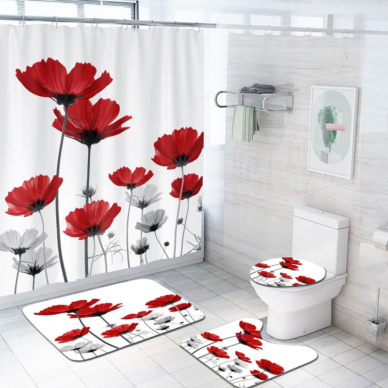 Coxila Red Floral Shower Curtain Sets Poppy Grey White Rose Abstract Flower Elegance Art Toilet Lid Cover U Shaped Bath Mat 4 Pcs Decor Bathroom Non-Slip Rug Fabric Polyester 60x72 Inch - Image 1