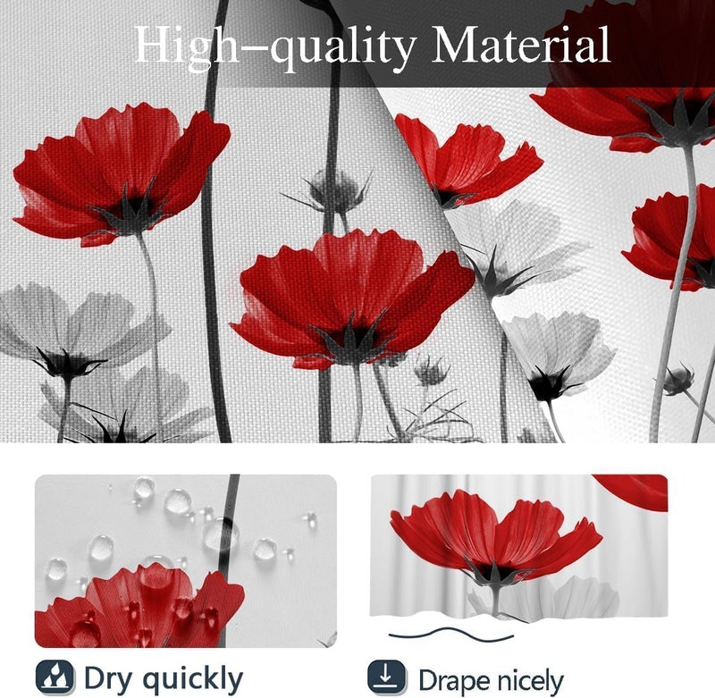 Coxila Red Floral Shower Curtain Sets Poppy Grey White Rose Abstract Flower Elegance Art Toilet Lid Cover U Shaped Bath Mat 4 Pcs Decor Bathroom Non-Slip Rug Fabric Polyester 60x72 Inch - Image 4