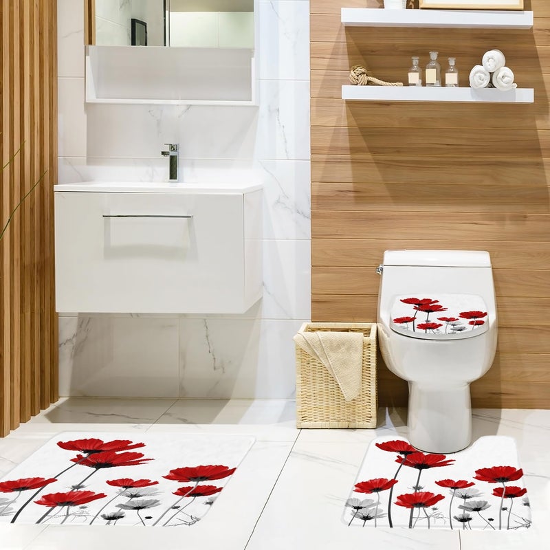 Coxila Red Floral Shower Curtain Sets Poppy Grey White Rose Abstract Flower Elegance Art Toilet Lid Cover U Shaped Bath Mat 4 Pcs Decor Bathroom Non-Slip Rug Fabric Polyester 60x72 Inch - Image 3