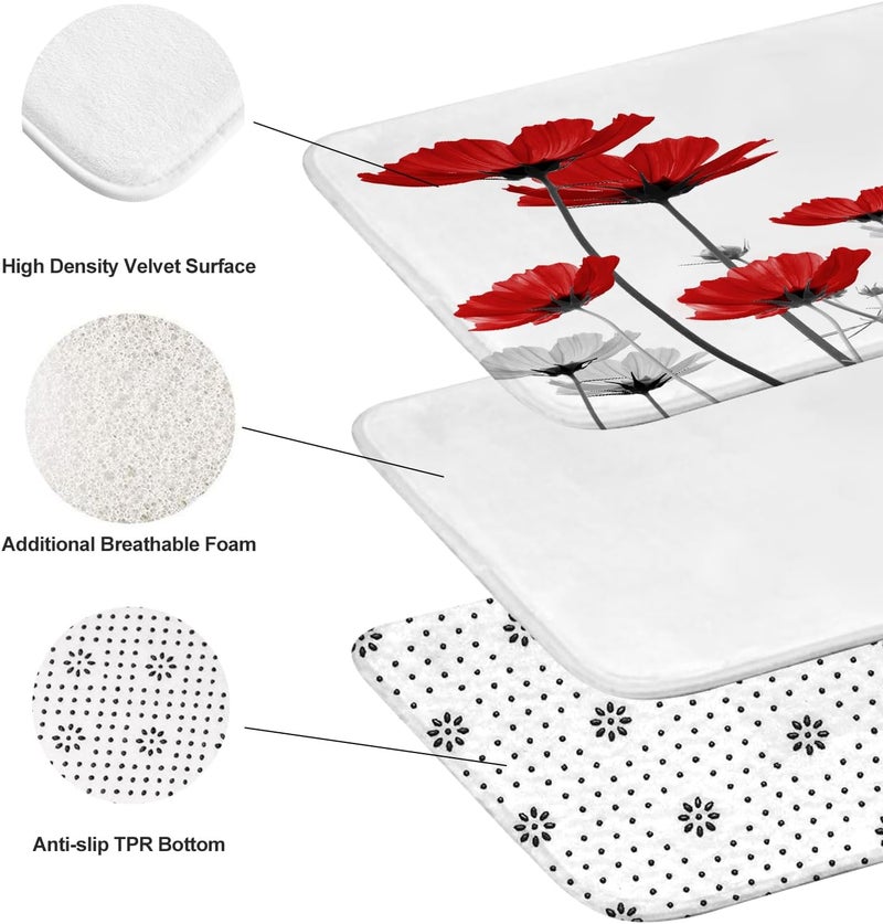 Coxila Red Floral Shower Curtain Sets Poppy Grey White Rose Abstract Flower Elegance Art Toilet Lid Cover U Shaped Bath Mat 4 Pcs Decor Bathroom Non-Slip Rug Fabric Polyester 60x72 Inch - Image 5