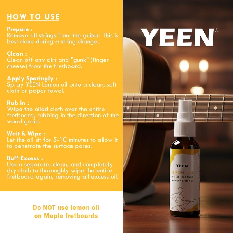 YEEN Lemon Oil for Guitar Fretboard – Natural Fretboard Cleaner & Conditioner, 50ml for (Guitar, Ukelele, and other stringed instruments made of unfinished wood like rosewood or ebony) - Image 4