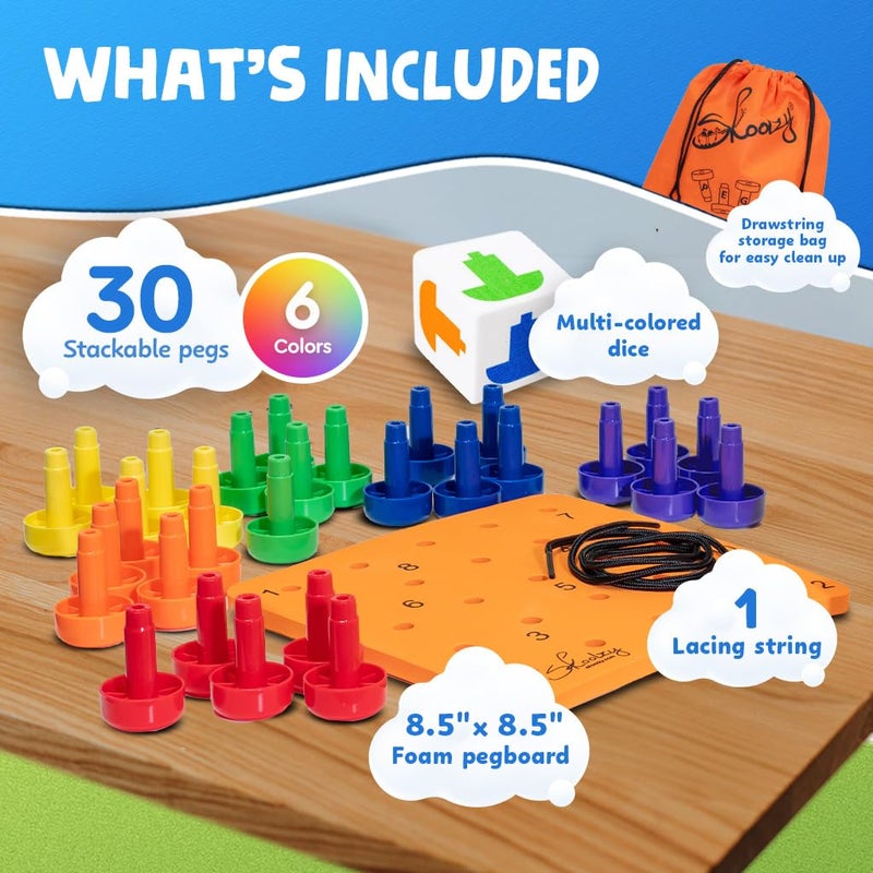 Skoolzy Peg Board Set - Montessori Toys for 2 Year Old - 33 Pc Peg Board for Kids - Occupational Therapy Toys with Pegs, Dice, Lacing String & Storage Bag - Montessori Toys for 2+ Year Old - Image 3