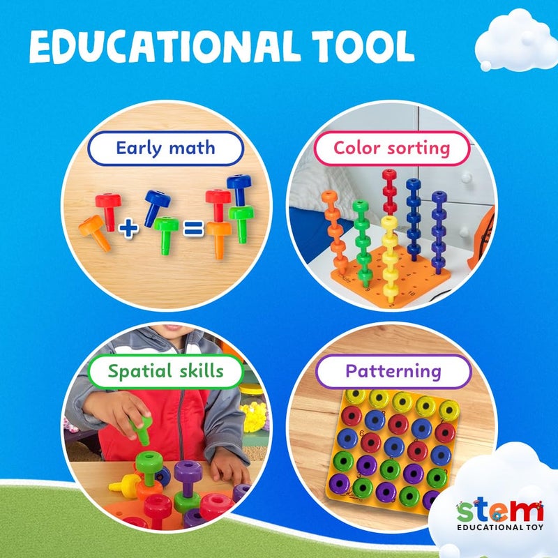 Skoolzy Peg Board Set - Montessori Toys for 2 Year Old - 33 Pc Peg Board for Kids - Occupational Therapy Toys with Pegs, Dice, Lacing String & Storage Bag - Montessori Toys for 2+ Year Old - Image 2