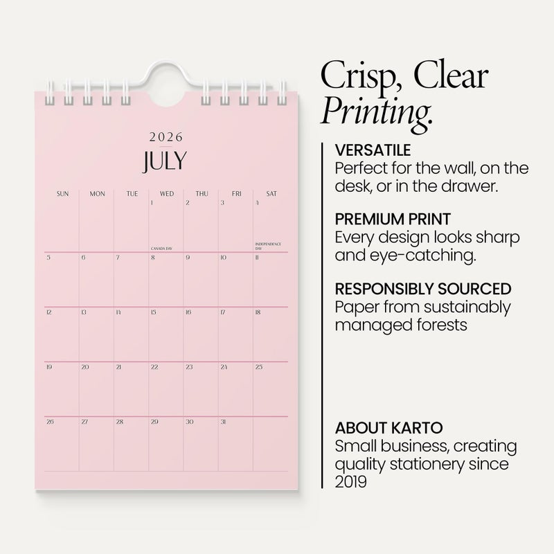 Karto Small Wall Calendar 2026 - Vertical 6x9 inch January 2026 to June 2027 - Small, Versatile, and Easy Planning with the Aesthetic Desk Monthly Calendar - All Pink - Image 3