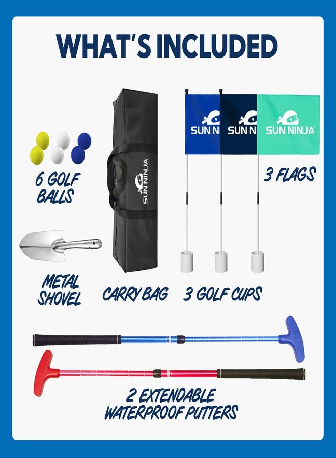 SUN NINJA Beach Golf Set for Low Tide Play, Portable & Easy To Set Up Mini Golf with 2 Adjustable Putters, 3 Cups and Flags, 6 Golf Balls, a Carry Bag & Shovel - Image 4