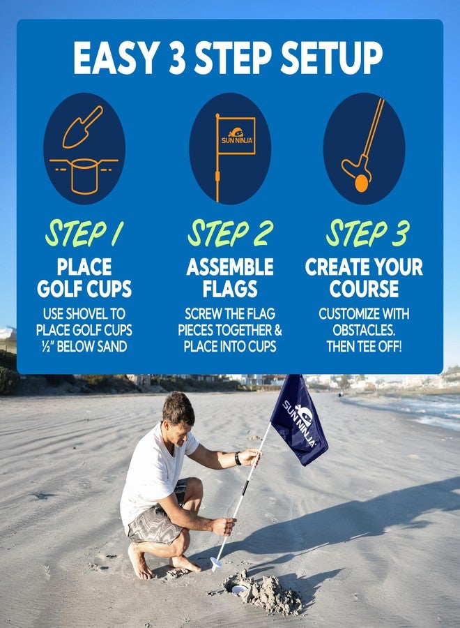 SUN NINJA Beach Golf Set for Low Tide Play, Portable & Easy To Set Up Mini Golf with 2 Adjustable Putters, 3 Cups and Flags, 6 Golf Balls, a Carry Bag & Shovel - Image 3