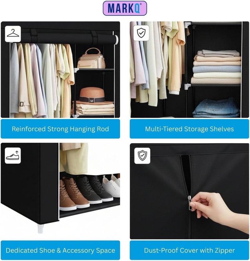MARKQ خزانة محمولة، منظم تخزين الملابس - 17.7 × 41.3 × 66.1 بوصة، رف ملابس قابل للطي، تخزين خزانة، خفيف الوزن ودائم، ألوان متنوعة (أسود/أزرق داكن/بني/ماروني/رمادي) - Image 2