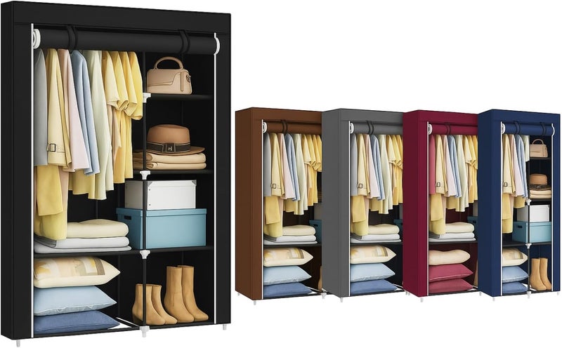 MARKQ خزانة محمولة، منظم تخزين الملابس - 17.7 × 41.3 × 66.1 بوصة، رف ملابس قابل للطي، تخزين خزانة، خفيف الوزن ودائم، ألوان متنوعة (أسود/أزرق داكن/بني/ماروني/رمادي) - Image 1