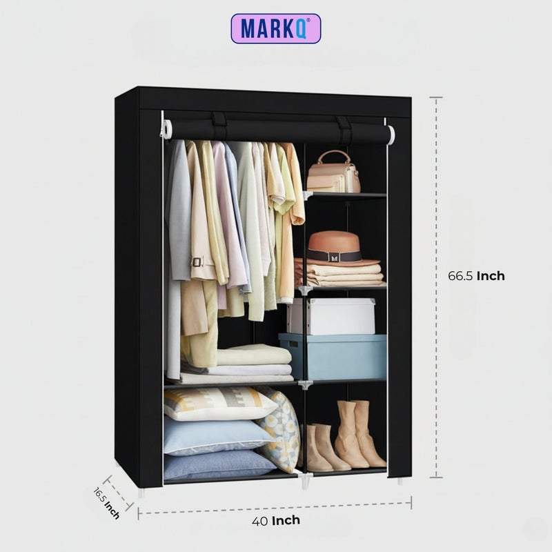 MARKQ خزانة محمولة، منظم تخزين الملابس - 17.7 × 41.3 × 66.1 بوصة، رف ملابس قابل للطي، تخزين خزانة، خفيف الوزن ودائم، ألوان متنوعة (أسود/أزرق داكن/بني/ماروني/رمادي) - Image 3