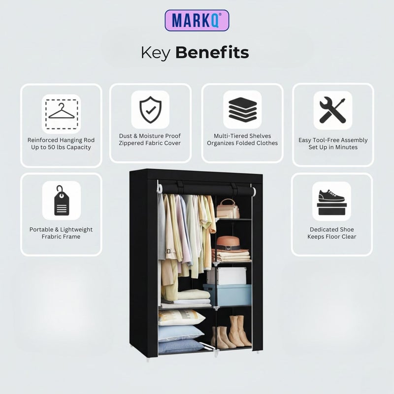 MARKQ خزانة محمولة، منظم تخزين الملابس - 17.7 × 41.3 × 66.1 بوصة، رف ملابس قابل للطي، تخزين خزانة، خفيف الوزن ودائم، ألوان متنوعة (أسود/أزرق داكن/بني/ماروني/رمادي) - Image 4